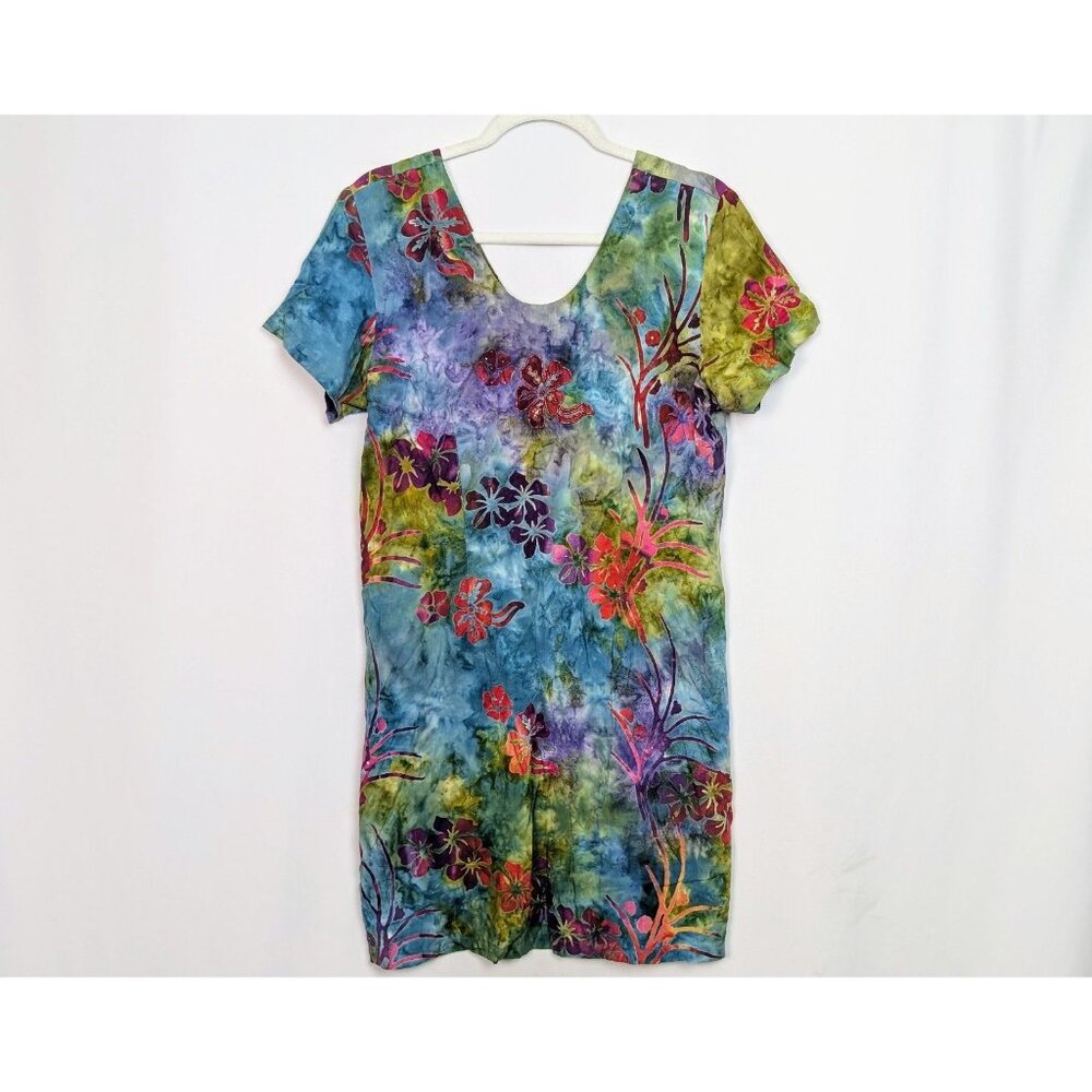 Vintage 90s Tropical Tantrum L Beaded Midi Dress Batik Tie Dye Multicolor Floral